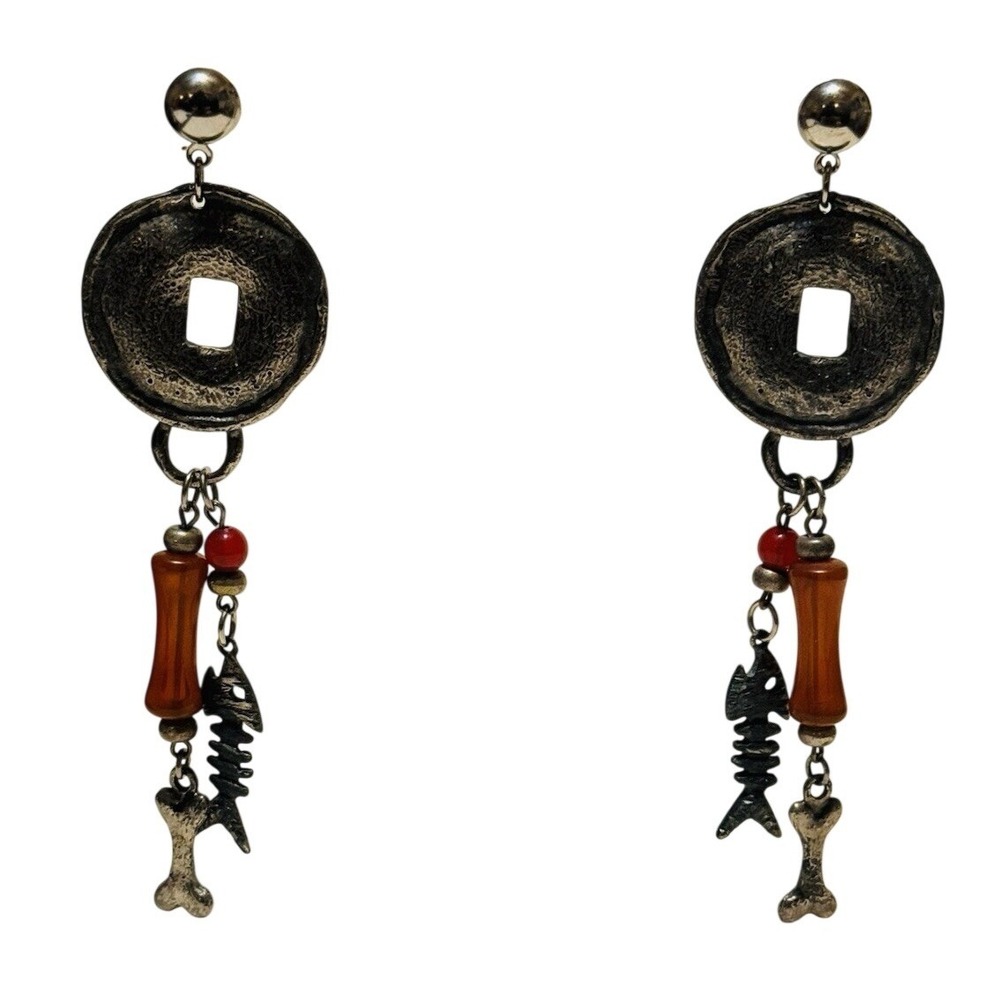 VTG Modernist charm fish bone Earrings Dangle post textured‎ lucite Silver 80s